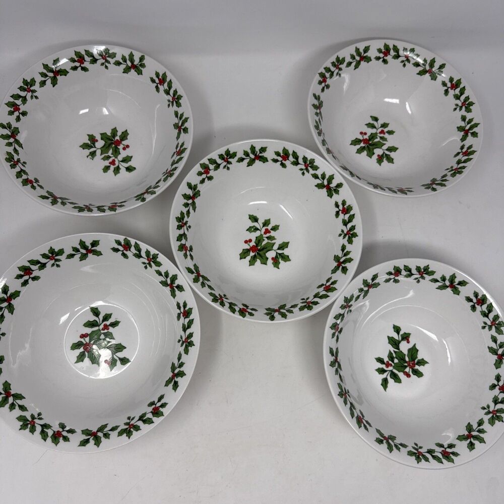 Royal Norfolk Holly Berry Christmas Xmas Soup Cereal Dessert Bowls 7" Set Of 5